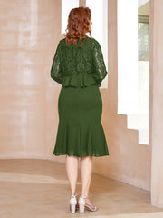 Robe Fourreau en Mousseline Longueur de Mollet à Col en Scoop avec Dentelle Mousse Grande Taille