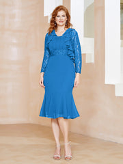 Robe Fourreau en Mousseline Longueur de Mollet à Col en Scoop avec Dentelle Bleu Océan
