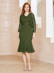Robe Fourreau en Mousseline Longueur de Mollet à Col en Scoop avec Dentelle Olive Verte
