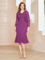 Robe Fourreau en Mousseline Longueur de Mollet à Col en Scoop avec Dentelle Orchidee Grande Taille