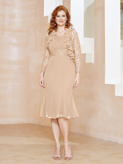 Robe Fourreau en Mousseline Longueur de Mollet à Col en Scoop avec Dentelle Pêche Grande Taille