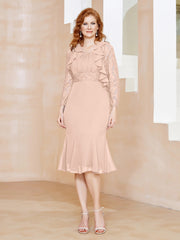 Robe Fourreau en Mousseline Longueur de Mollet à Col en Scoop avec Dentelle Rose Perle