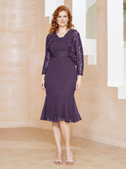 Robe Fourreau en Mousseline Longueur de Mollet à Col en Scoop avec Dentelle Plum