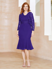 Robe Fourreau en Mousseline Longueur de Mollet à Col en Scoop avec Dentelle Régence Grande Taille