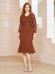 Robe Fourreau en Mousseline Longueur de Mollet à Col en Scoop avec Dentelle Rouille Grande Taille