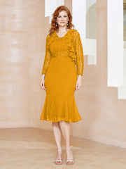 Robe Fourreau en Mousseline Longueur de Mollet à Col en Scoop avec Dentelle Mandarine
