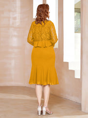 Robe Fourreau en Mousseline Longueur de Mollet à Col en Scoop avec Dentelle Mandarine