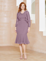Robe Fourreau en Mousseline Longueur de Mollet à Col en Scoop avec Dentelle Vintage Mauve Grande Taille
