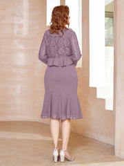 Robe Fourreau en Mousseline Longueur de Mollet à Col en Scoop avec Dentelle Vintage Mauve Grande Taille