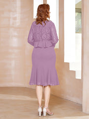 Robe Fourreau en Mousseline Longueur de Mollet à Col en Scoop avec Dentelle Glycine Grande Taille