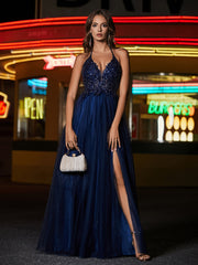 Robe en Tulle Longueur au Sol à Col en V Plongeant Gris Acier Grande Taille