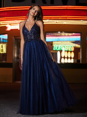 Robe en Tulle Longueur au Sol à Col en V Plongeant Gris Acier Grande Taille