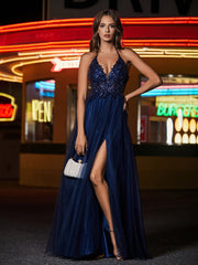 Robe en Tulle Longueur au Sol à Col en V Plongeant Gris Acier Grande Taille