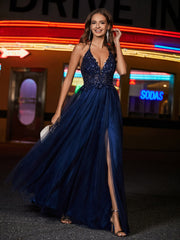 Robe en Tulle Longueur au Sol à Col en V Plongeant Gris Acier