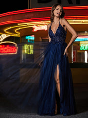 Robe en Tulle Longueur au Sol à Col en V Plongeant Gris Acier