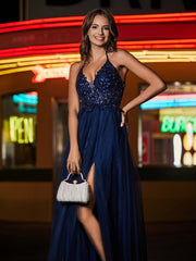 Robe en Tulle Longueur au Sol à Col en V Plongeant Bleu Marine