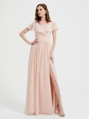 Mancherons Longue Mousseline Robes Avec Fente Rose Perle Grande Taille