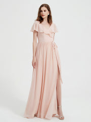 Mancherons Longue Mousseline Robes Avec Fente Rose Perle Grande Taille