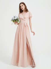 Mancherons Longue Mousseline Robes Avec Fente Rose Perle Grande Taille