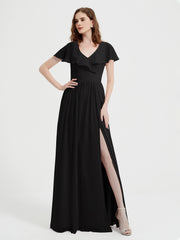 Mancherons Longue Mousseline Robes Avec Fente Noir Grande Taille