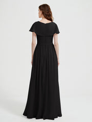 Mancherons Longue Mousseline Robes Avec Fente Noir Grande Taille