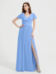 Mancherons Longue Mousseline Robes Avec Fente Bleu Grande Taille