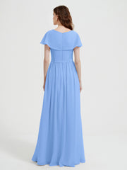 Mancherons Longue Mousseline Robes Avec Fente Bleu