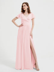Mancherons Longue Mousseline Robes Avec Fente Rose Pâle Grande Taille