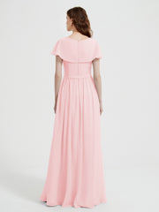 Mancherons Longue Mousseline Robes Avec Fente Rose Pâle Grande Taille