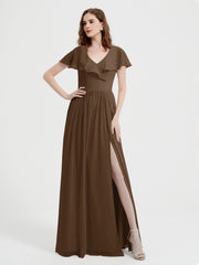 Mancherons Longue Mousseline Robes Avec Fente Brun Grande Taille