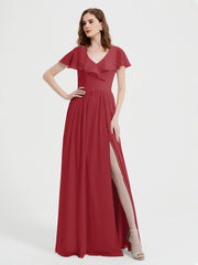Mancherons Longue Mousseline Robes Avec Fente Bordeaux Grande Taille