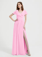 Mancherons Longue Mousseline Robes Avec Fente Rose Bonbon Grande Taille