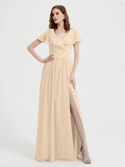 Mancherons Longue Mousseline Robes Avec Fente Champagne Grande Taille