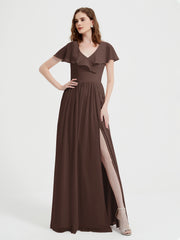 Mancherons Longue Mousseline Robes Avec Fente Chocolat