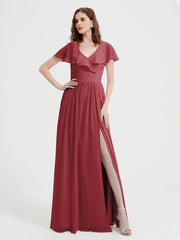Mancherons Longue Mousseline Robes Avec Fente Cannelle Rose Grande Taille