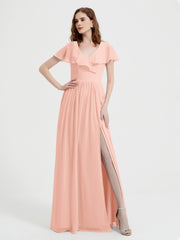 Mancherons Longue Mousseline Robes Avec Fente Corail Grande Taille