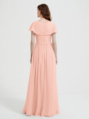 Mancherons Longue Mousseline Robes Avec Fente Corail