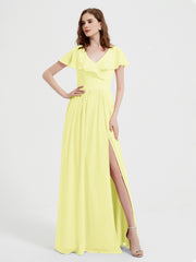 Mancherons Longue Mousseline Robes Avec Fente Jonquille Grande Taille
