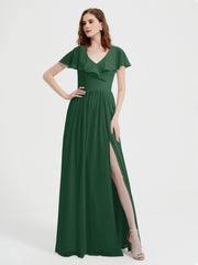 Mancherons Longue Mousseline Robes Avec Fente Vert Foncé Grande Taille
