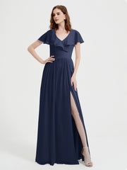 Mancherons Longue Mousseline Robes Avec Fente Bleu Marine Grande Taille