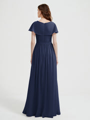 Mancherons Longue Mousseline Robes Avec Fente Bleu Marine