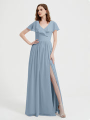 Mancherons Longue Mousseline Robes Avec Fente Bleu Poudré Grande Taille