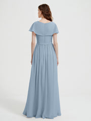 Mancherons Longue Mousseline Robes Avec Fente Bleu Poudré Grande Taille