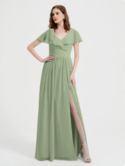Mancherons Longue Mousseline Robes Avec Fente Sauge Poudrée Grande Taille