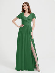 Mancherons Longue Mousseline Robes Avec Fente Emeraude Grande Taille