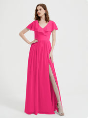 Mancherons Longue Mousseline Robes Avec Fente Fuchsia Grande Taille