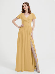 Mancherons Longue Mousseline Robes Avec Fente Or