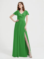 Mancherons Longue Mousseline Robes Avec Fente Vert