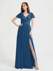 Mancherons Longue Mousseline Robes Avec Fente Bleu Encre Grande Taille