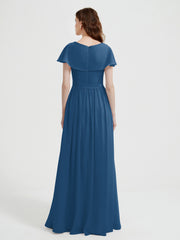 Mancherons Longue Mousseline Robes Avec Fente Bleu Encre